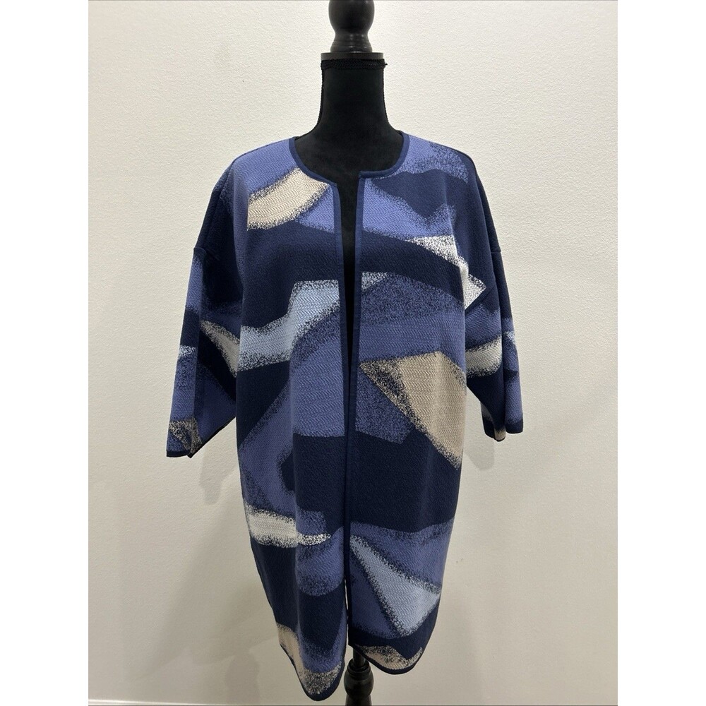 Chicos Sz 3 US XL Open Front Cardigan 3/4 Sleeves Blue Tan Color-block